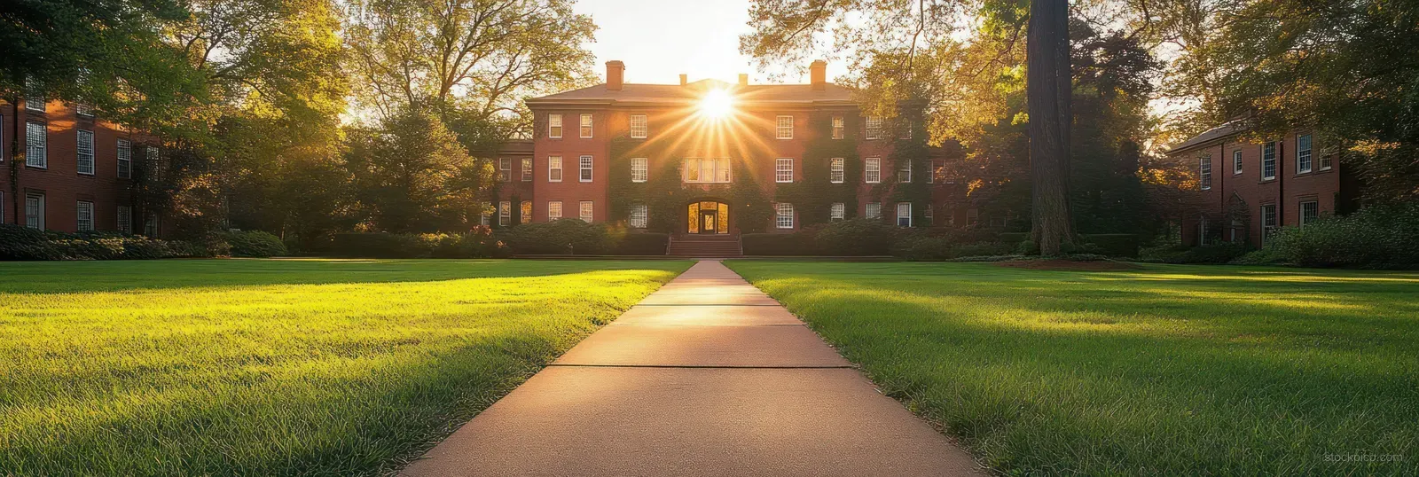 A straight walkway across a green lawn leads to a red brick building as sunset sun rays shine between trees.