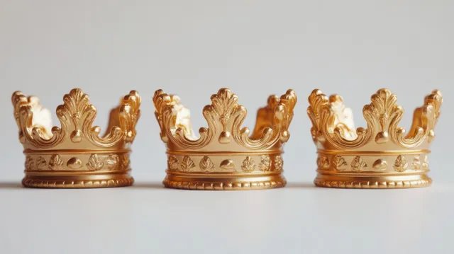Three small golden crowns with ornate leaf and bead detailing on a white backdrop