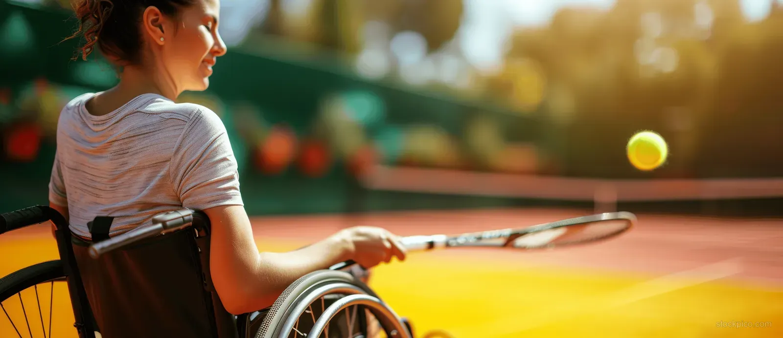 Wheelchair tennis player serving on an outdoor court with a yellow ball visible near the racket.