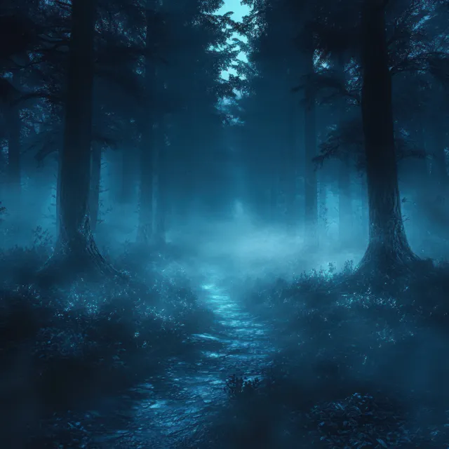 A misty blue forest at twilight with a winding path and glowing light shadows between dark trees.