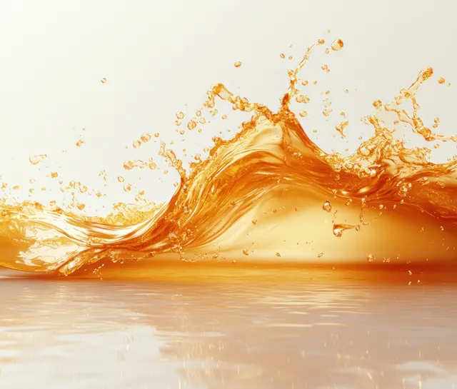 Golden liquid splashes upward forming a creamy wave crest with scattered droplets on a white background.