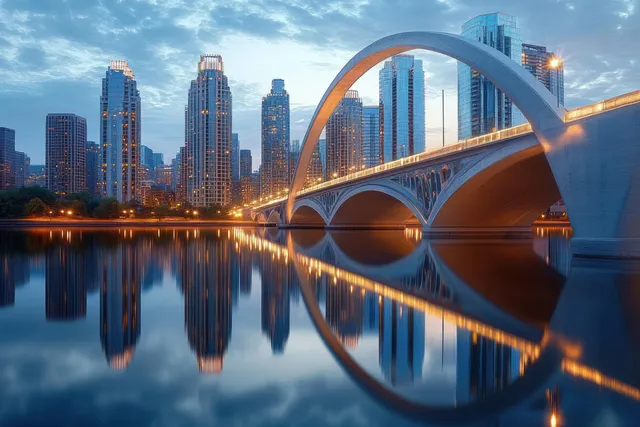 Minneapolis skyline at dusk with illuminated bridge arches reflected on calm Mississippi River