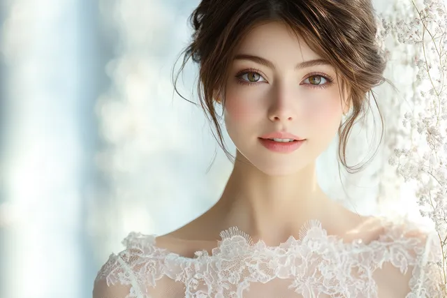 Asian woman in a vintage lace dress posing in soft natural light with a dreamy blurred background.