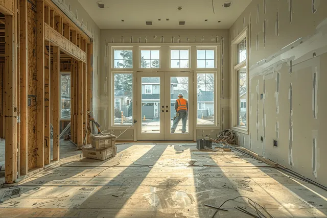 A carpenter installs window frames inside a bright farmhouse interior with tools and unfinished walls.