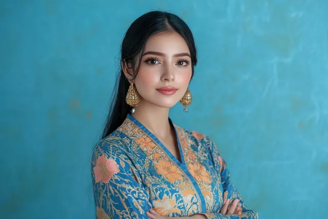 Confident Indonesian woman in blue batik uniform smiling with arms crossed against blue background