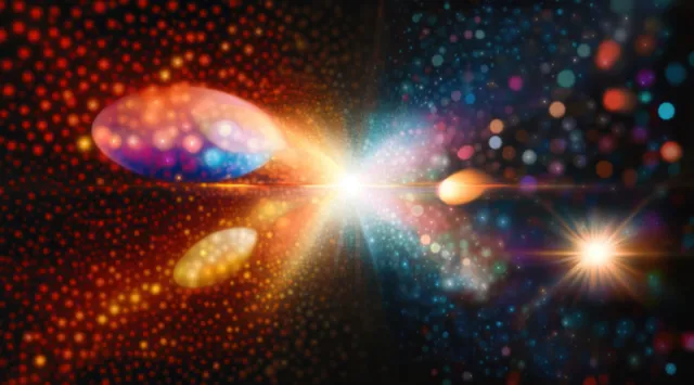 Colorful glowing orbs and particle trails converge toward a bright central light flare in space-like background.