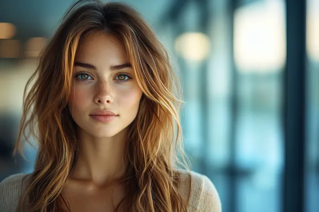 Confident businesswoman with arms crossed standing in a modern office, looking at the camera in warm light.