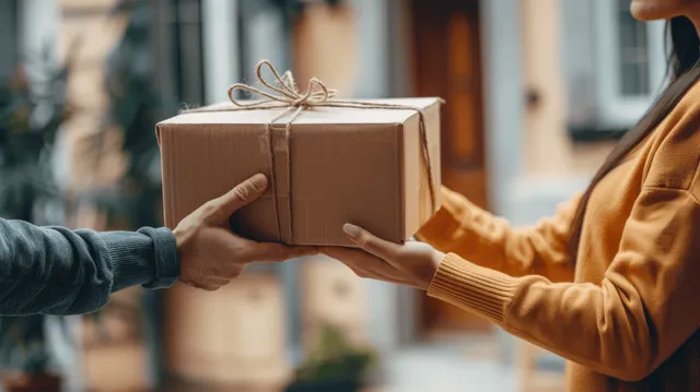 Hands pass a brown paper-wrapped delivery gift box with string tied outside a home entrance.