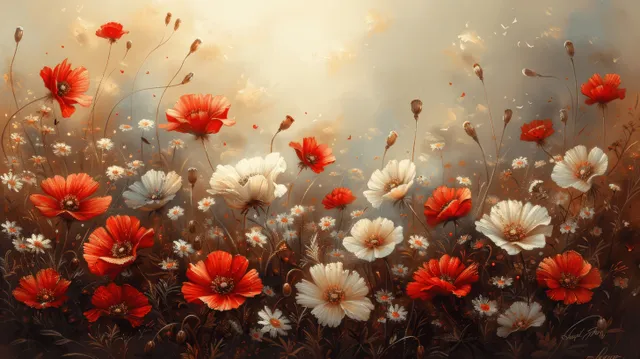 Red and white wildflowers glowing in a misty sunset meadow