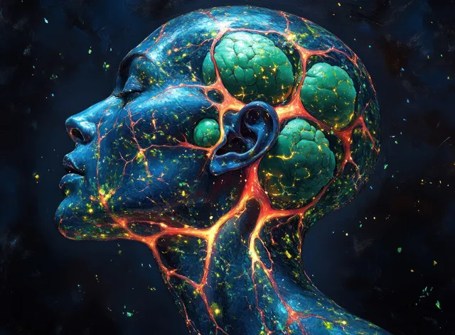 Glowing immune pathways surround a human head silhouette in a dark medical illustration.