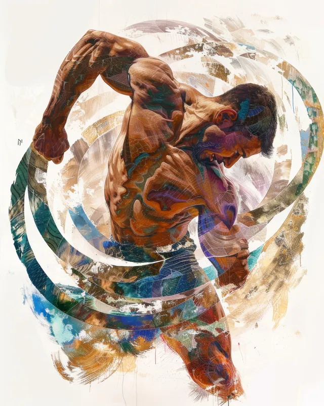 A Greco-Roman wrestler grapples inside a painted circular ring with swirling color splashes behind him.