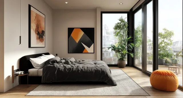 Minimalist bedroom interior with a black bed, geometric wall art, warm wood floor, and daylight from large windows.