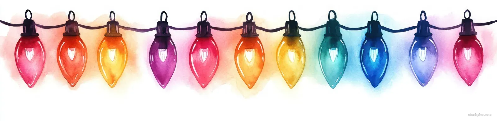 Colorful glowing Christmas light bulbs hang in a watercolor garland across a white background.