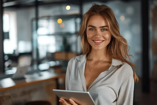 Smiling businesswoman holding a tablet standing in a modern office with blurred city lights