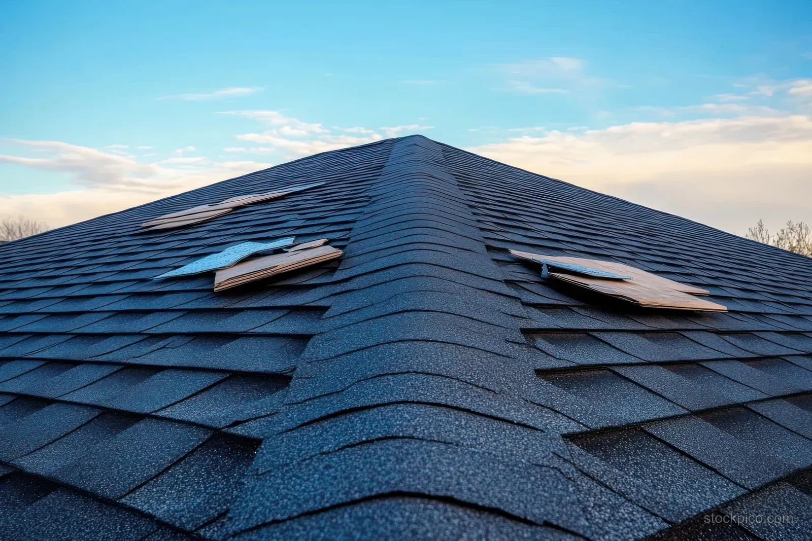 Loose shingles and small wood boards rest on a dark roof ridge under a blue sky with scattered clouds.