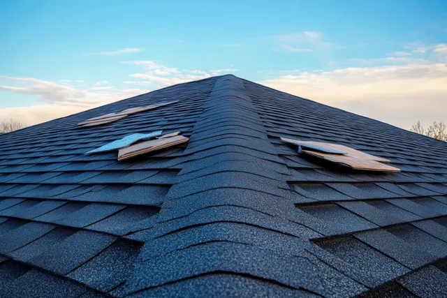 Dark shingled roof with loose shingles and wood pieces laid across the ridge under blue sky