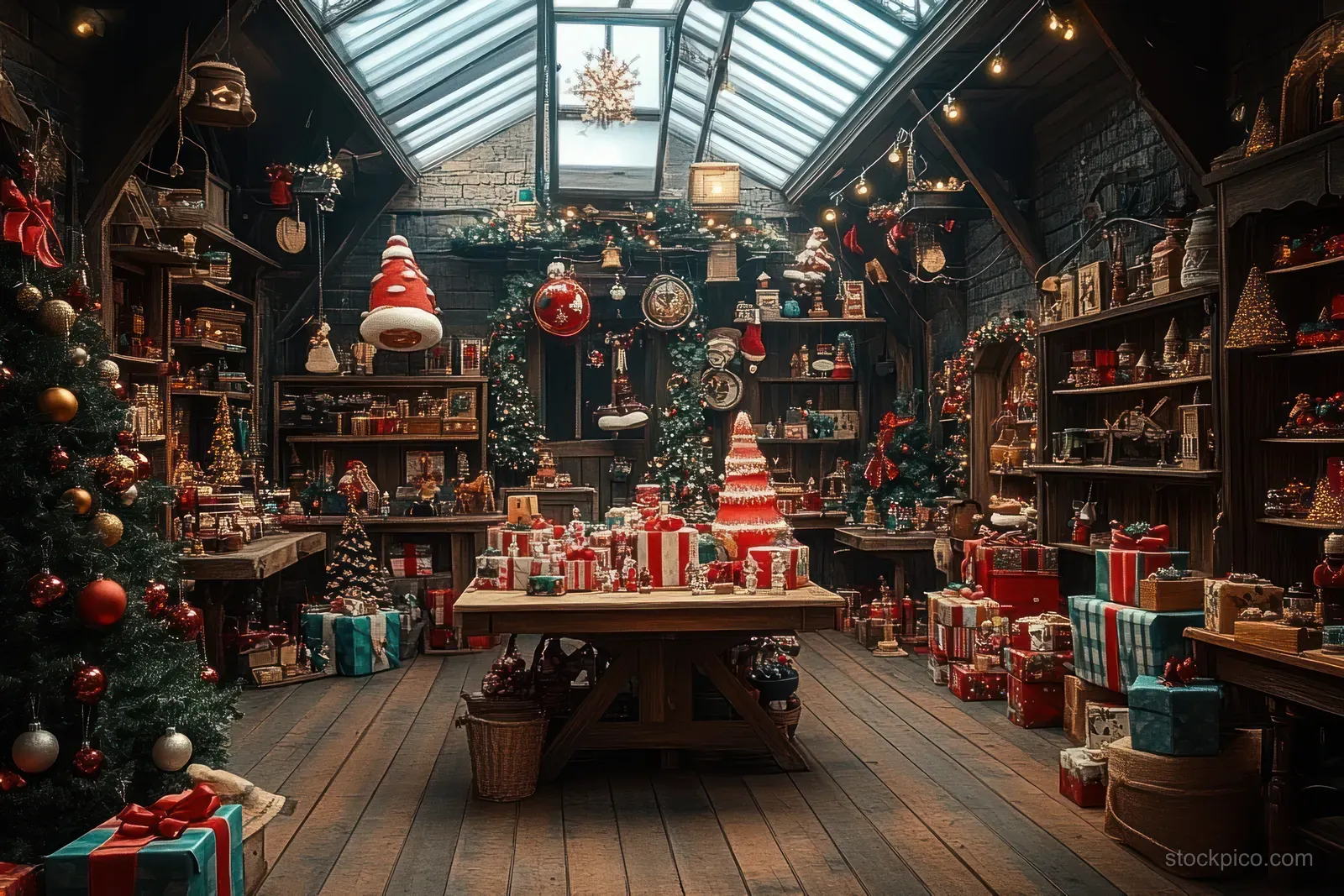 Santa workshop interior filled with holiday toys and wrapped gifts beneath arched glass skylights.