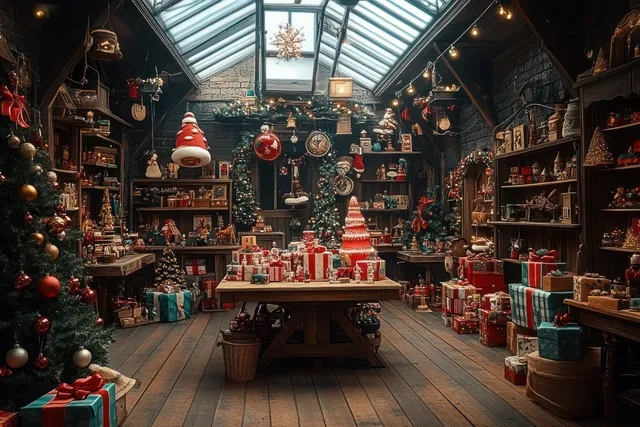 Santa workshop interior filled with holiday toys and wrapped gifts beneath arched glass skylights.