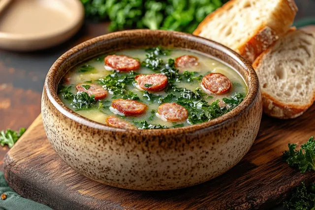 Rustic bowl of sausage and kale soup on a wooden board beside toasted bread slices.