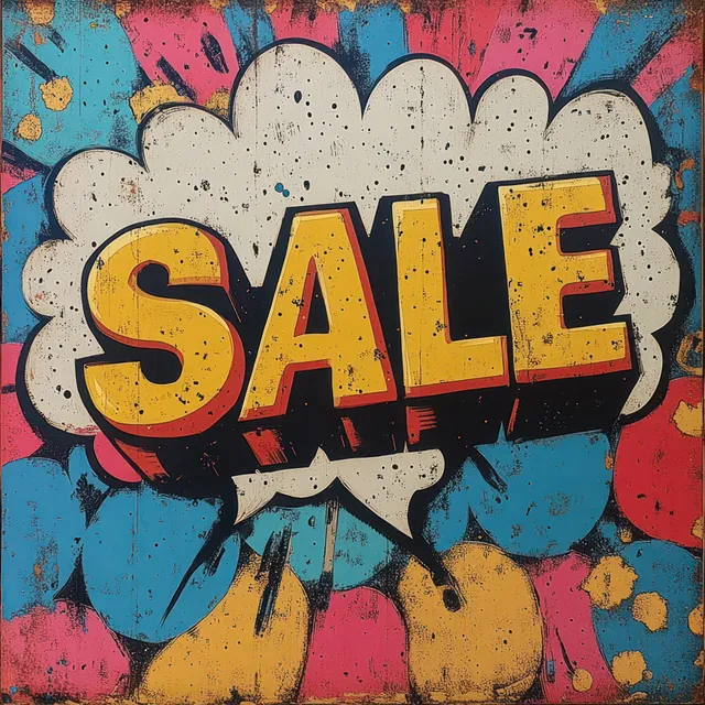 SALE speech bubble on graffiti wall with bold black lettering and splattered color texture