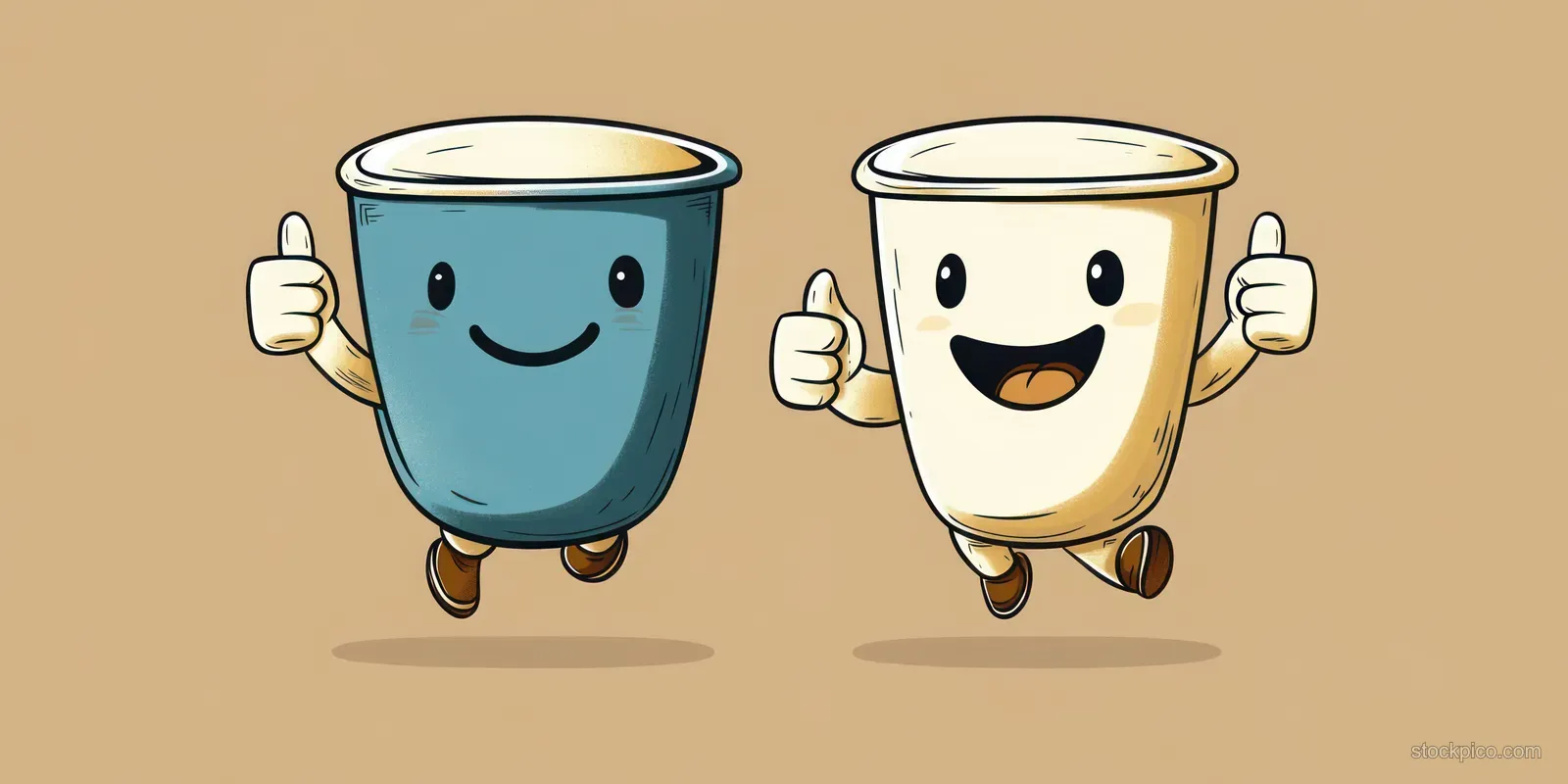 Two smiling cartoon coffee cups jump on a beige background while giving thumbs up.