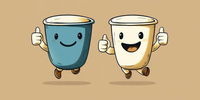 Two smiling cartoon coffee cups jump on a beige background while giving thumbs up.
