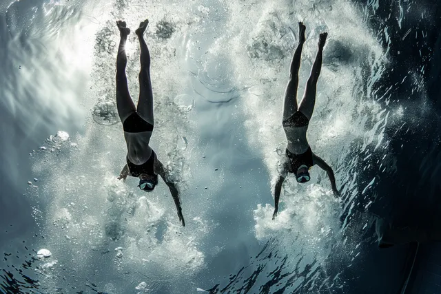 Two female synchronized divers launching from 10m platform amid massive water splash