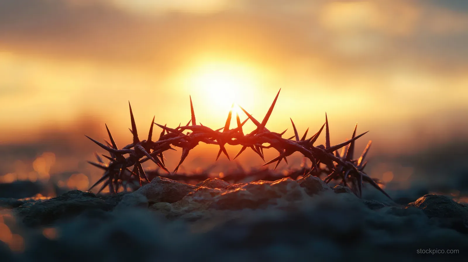 A crown of thorns rests on rocky ground as a sunset glows with warm bokeh behind it.
