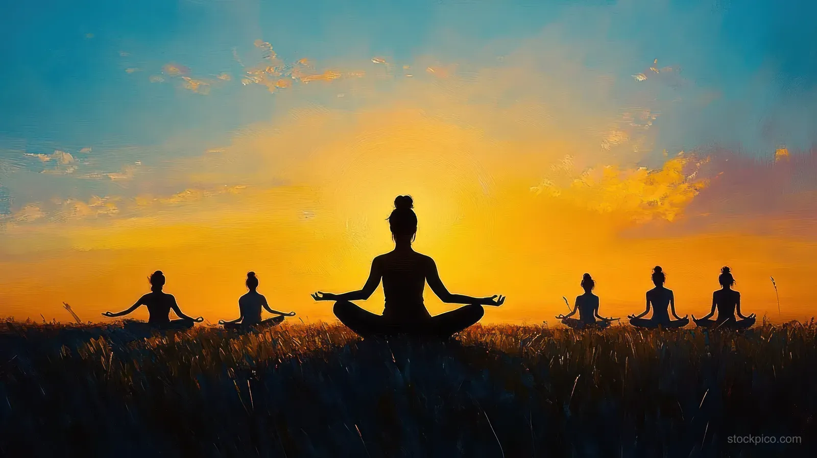 Six people sit in lotus pose as silhouettes in a field during sunset under an orange and blue sky.