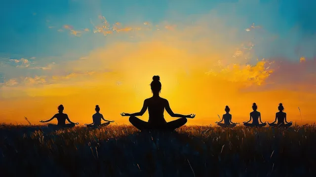 Six meditators in lotus pose in a sunlit field, silhouetted against orange and blue sunset