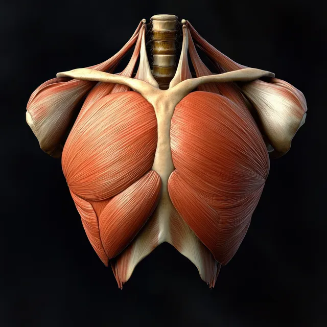 Pectoralis major muscle anatomical illustration in anterior view with ribs and clavicle