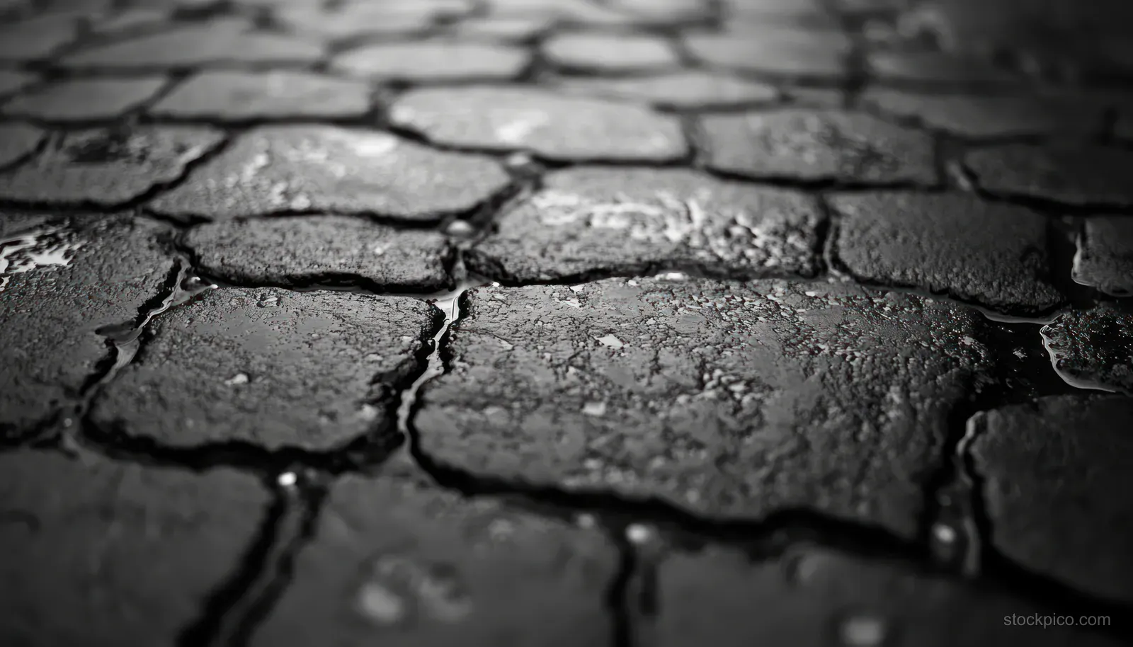 Black and white close-up of cracked asphalt with wet texture, stones, and deep shadows.