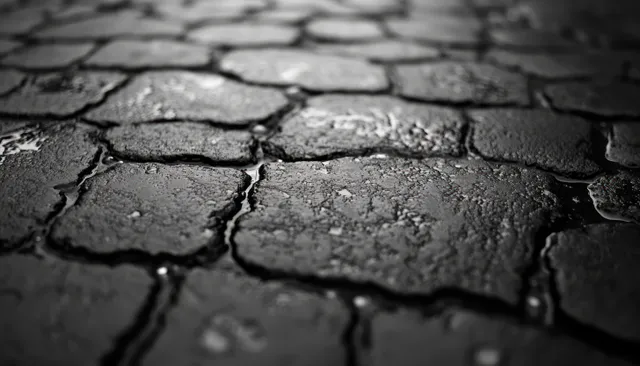 Close-up asphalt texture in black and white with dramatic shadows and wet grain detail