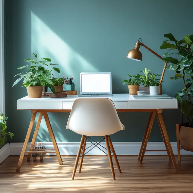 Sunlit minimalist home office desk with potted plants, laptop screen, and a white chair by the wall.