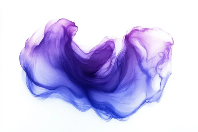 Violet and blue ink swirls create a translucent ribbon cloud against a white background.