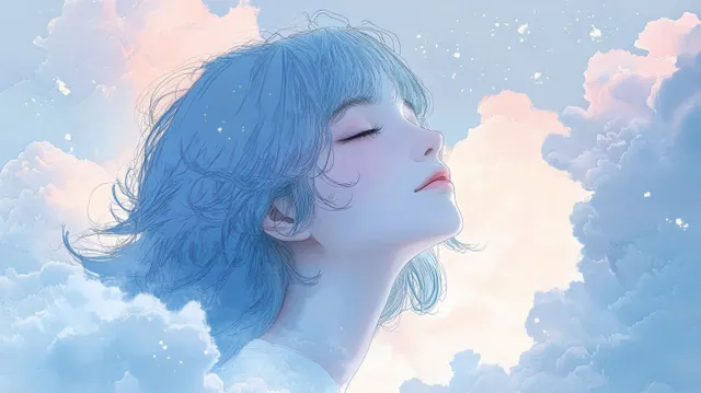Young girl with flowing blue hair gazes upward beneath soft pastel clouds