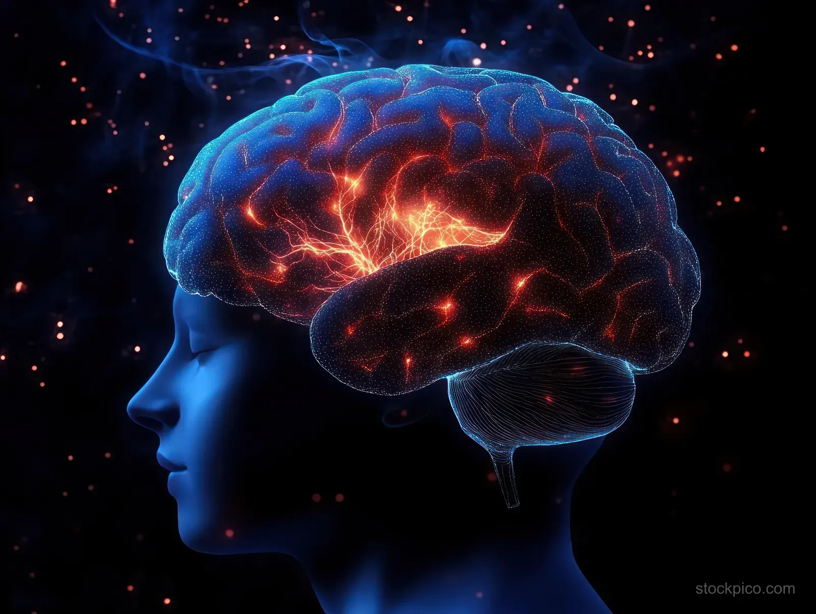 Illuminated brain profile with glowing neural pathways over a dark, particle-filled background.
