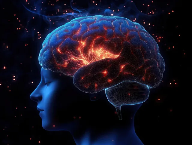 Illuminated brain profile with glowing neural pathways over a dark, particle-filled background.