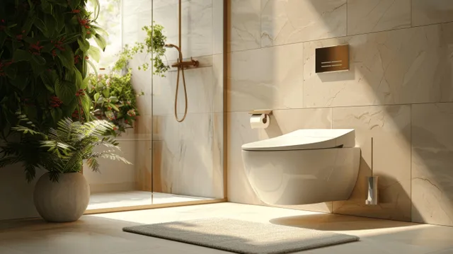 Smart toilet with illuminated touch controls and integrated air purifier in a beige tiled bathroom with sunlight.