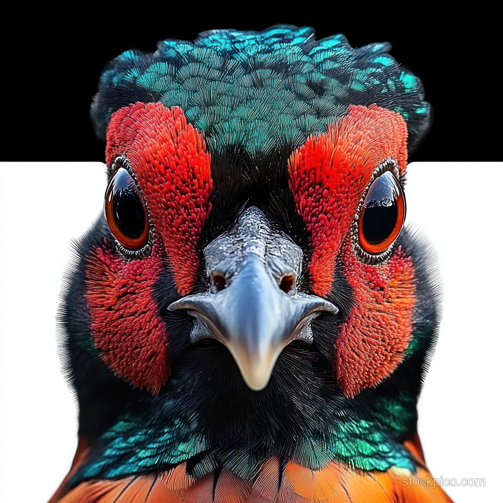 A colorful parrot close-up with iridescent feathers and red facial patches looks directly at the camera.