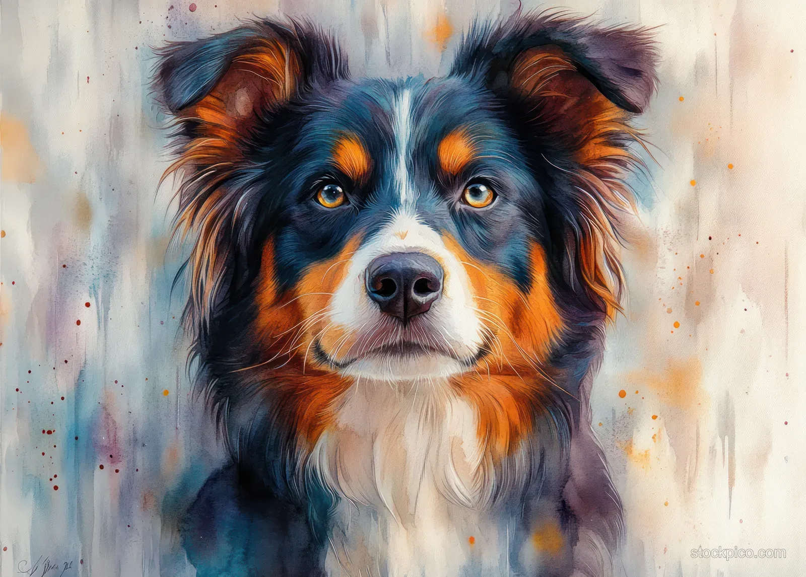 Watercolor portrait of an Australian Shepherd with blue and orange fur tones against a dreamy abstract wash with purple floral accents.
