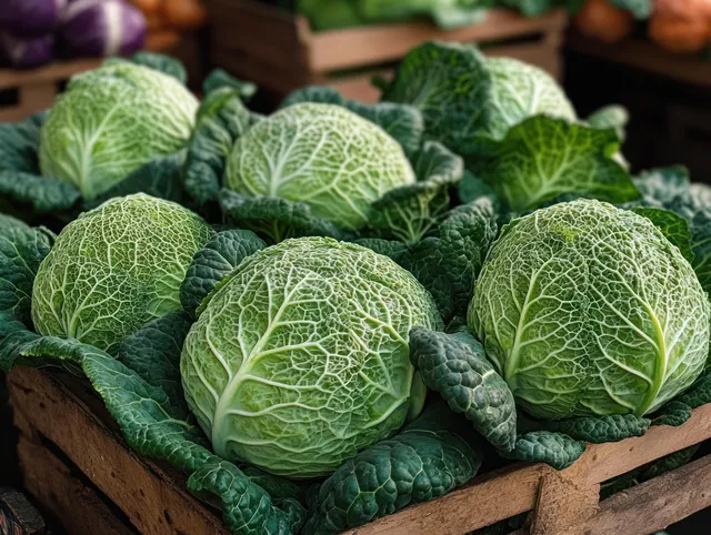 Green cabbages with textured leaf veins arranged in wooden crates at a market stall.