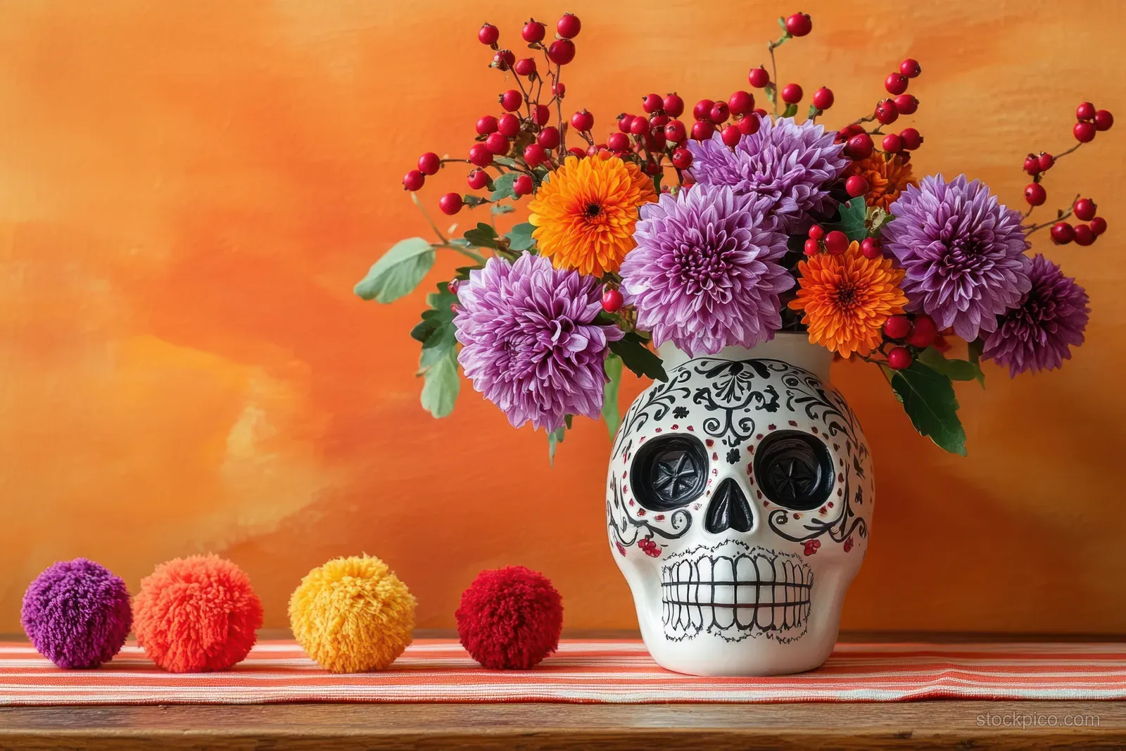 Decorative skull vase filled with purple and orange flowers sits on striped fabric against an orange background with pom-poms.