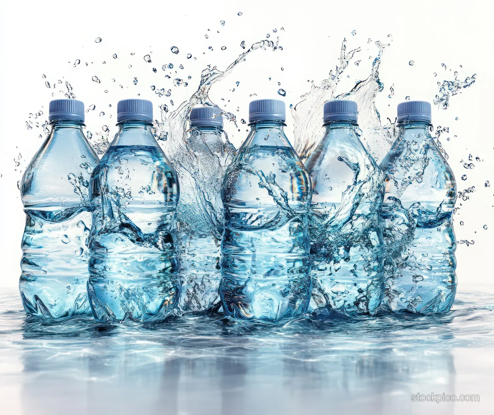 Clear water bottles create arcing splashes and floating droplets on a reflective white surface.