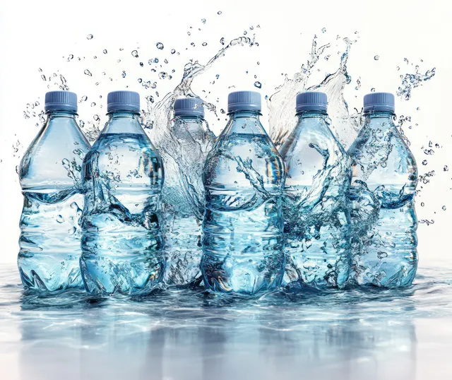 Water bottle lineup with arcing splashes and droplets on glossy white surface