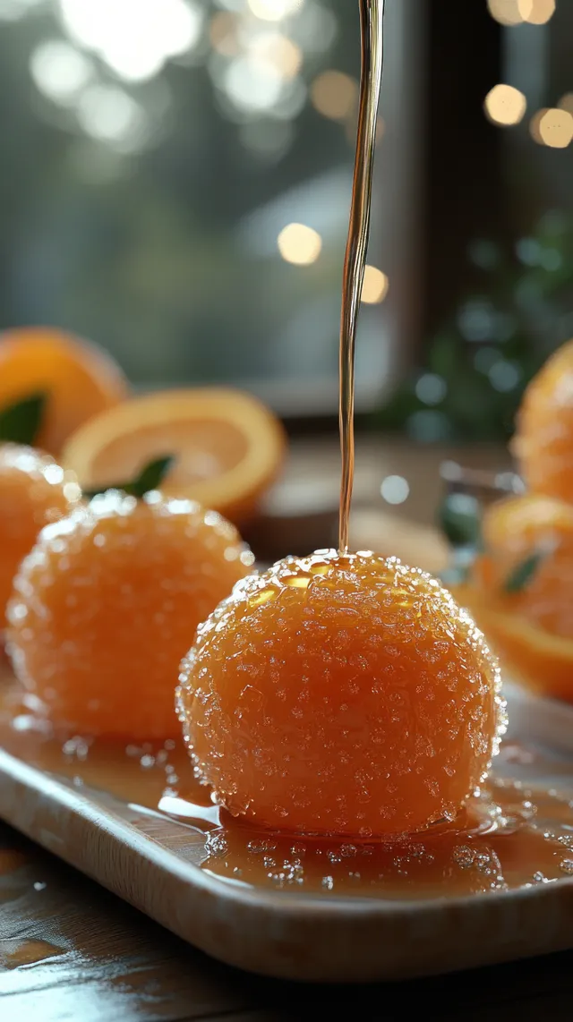 Close-up of gulab jamun balls soaked in syrup on a tray with pistachios and soft candlelit bokeh.