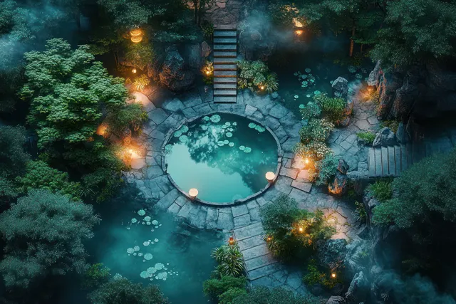 Aerial fantasy battle map shows a moonlit garden pond surrounded by stone paths and lantern flames.