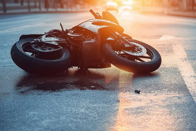 Black sport motorcycle lying on its side on an empty city street at golden hour