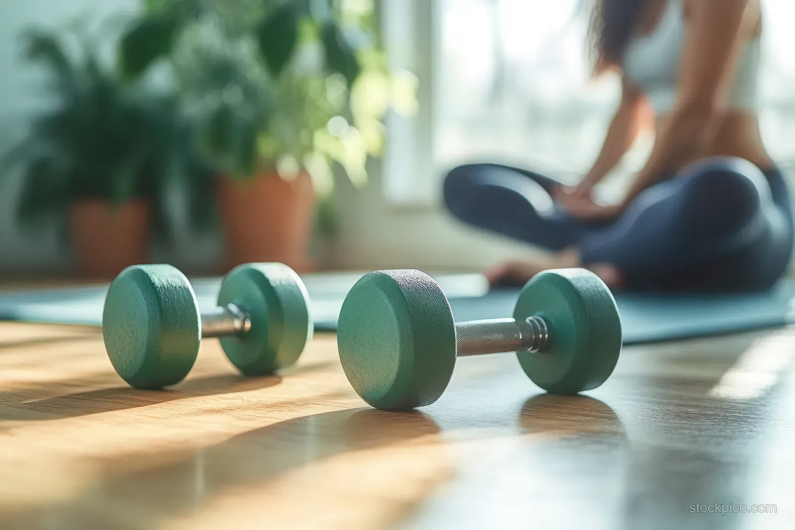 Green dumbbells sit on a wooden floor as a blurred woman stretches on a yoga mat indoors.