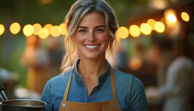 A smiling young woman in a denim shirt and brown apron stands outdoors with warm string lights blurred in the background.